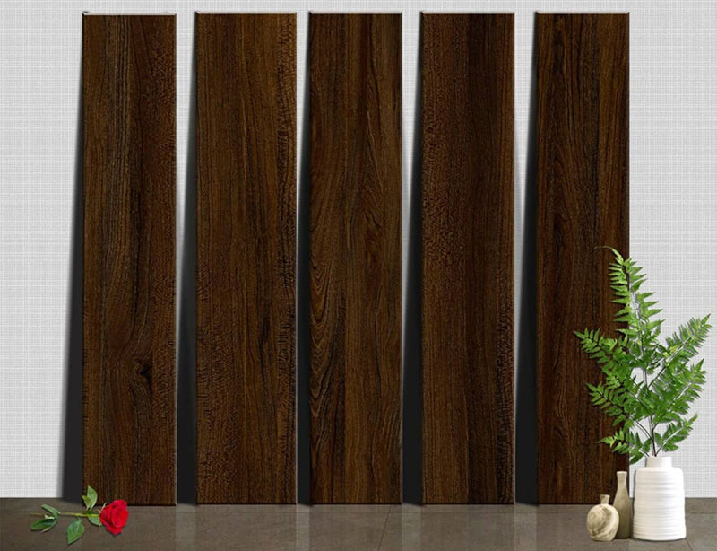 Gạch giả gỗ CMC mã PT 158003 màu nâu đậm kết hợp những đường vân gỗ sống động, chân thật 