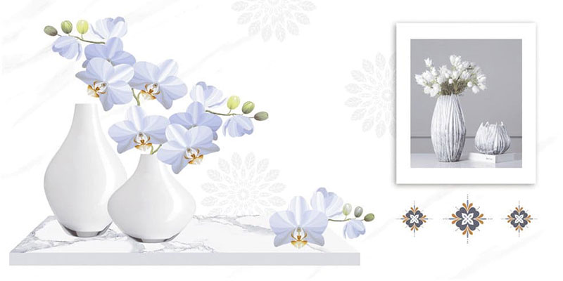 Gạch điểm họa tiết mã PT38017D phối hoa thanh lịch giúp không gian dễ chịu, nhẹ nhàng