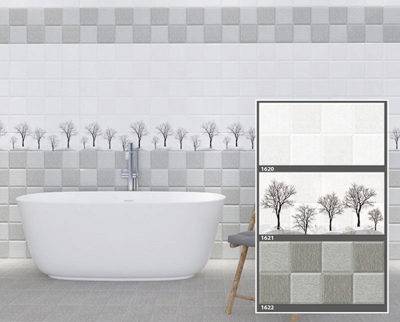 Gạch điểm ốp phòng tắm in hình cây mang sắc xám nhẹ nhàng, giúp không gian trở nên thư giãn