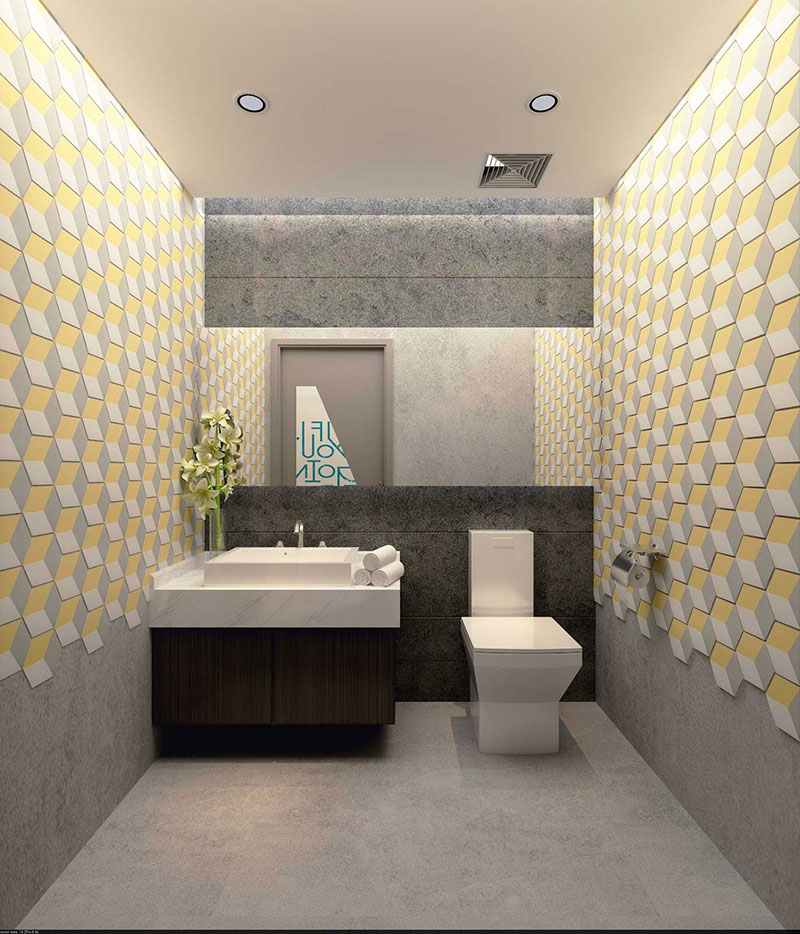 Gạch ốp hình vuông 3D màu xám - vàng be giúp nhà vệ sinh trở nên sang trọng, tinh tế