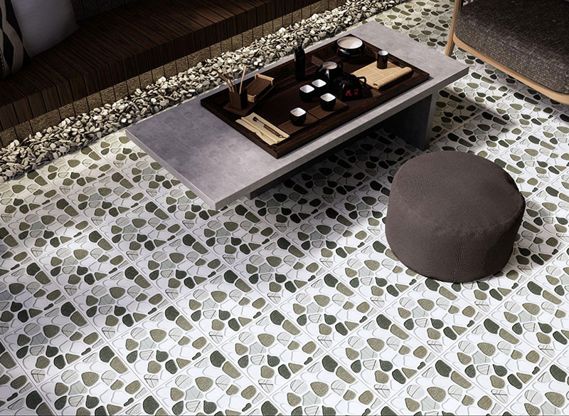 Mẫu gạch Ceramic 300x300 chống trơn giả sỏi kết hợp cùng nội thất tông màu nâu, ghi giúp không gian sống nổi bật hơn