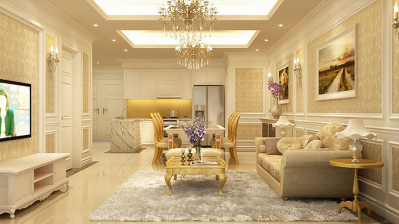 Mẫu gạch ốp phòng khách sang trọng với bề mặt vân đá tông nâu nhạt, pha sắc vàng rất cuốn hút