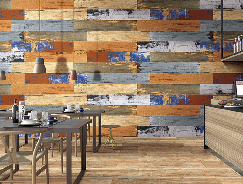 Mẫu phòng khách ốp gạch đẹp siêu ấn tượng và bắt mắt khi lựa chọn gạch giả gỗ phối nhiều màu