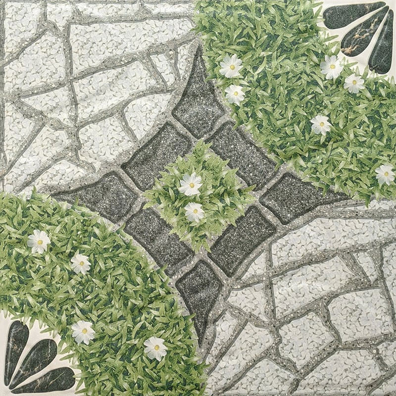 Mẫu gach Ceramic 300x300 nhám giả cỏ kết hợp cùng gạch giả sỏi với điểm nhấn bông hoa cúc trắng nổi bật