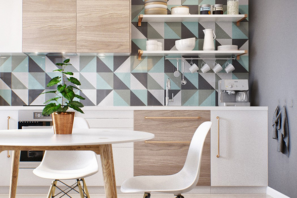 Mẫu gạch ốp tường nhà bếp hình học đủ màu giúp không gian thêm ấn tượng và khác biệt