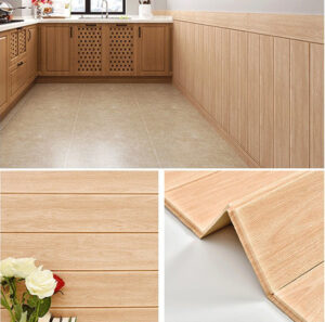 Gạch ốp chân tường vân gỗ khổ dọc tông màu nâu sáng tạo hiệu ứng bắt sáng lý tưởng