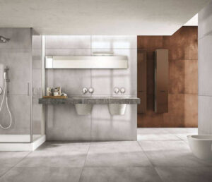 Gạch vân đá phối gạch giả gỗ cực kỳ hợp, mang đến vẻ ngoài ấn tượng cho phòng tắm