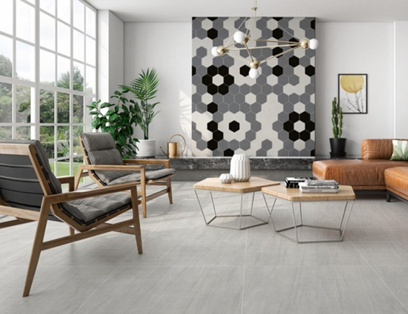 Cách phối màu gạch lục giác ốp tường khiến không gian phòng khách thêm phần thời thường và đẳng cấp