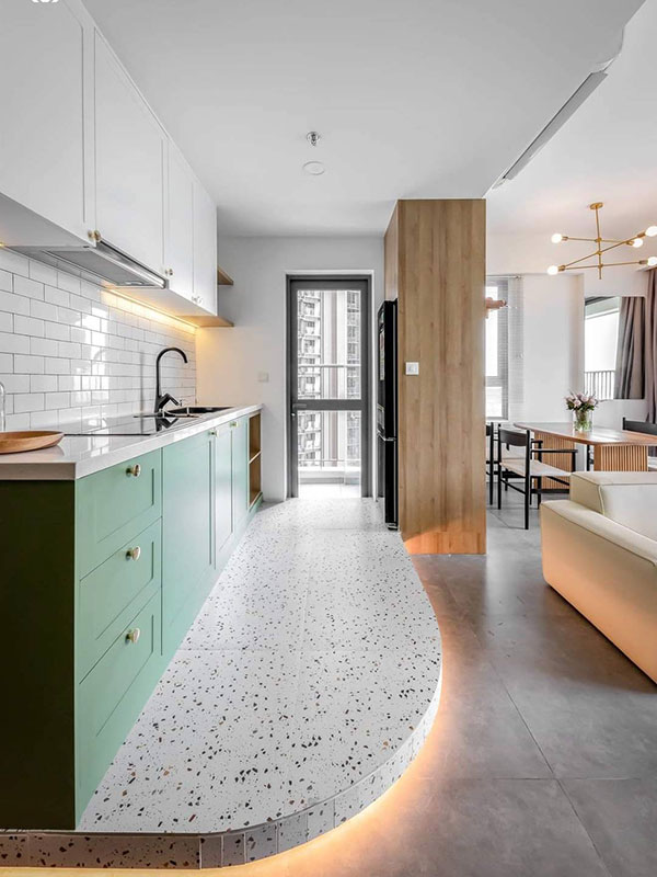 Gạch Terrazzo tông màu trắng tạo không gian nhà bếp sang trọng, tinh tế
