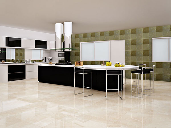 Gạch giả đá họa tiết gam trắng xen lẫn vân xám phù hợp với không gian nhà bếp hiện đại