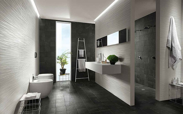Gia chủ muốn không gian nhà tắm luôn sạch đẹp có thể lựa chọn gạch nhám giả xi măng tông màu xám đen