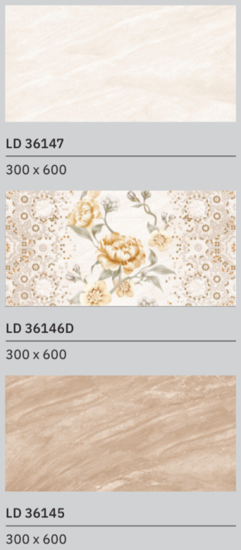 Bộ gạch ốp tường LD 36145 - LD 36146D - LD 36147 với tông màu trang nhã, vương giả cùng họa tiết ánh kim và hoa hồng vàng cao quý