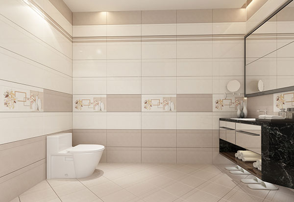 Gạch men có tông màu sáng và họa tiết phối cảnh tinh tế cho không gian nhà tắm