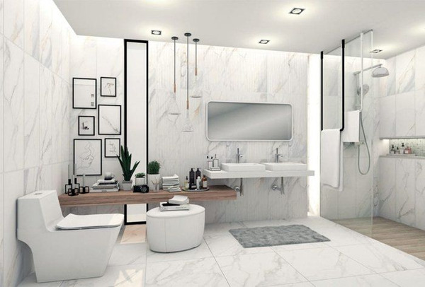 Gạch ốp tường nhà tắm đẹp giả đá tông màu trắng cùng những đường vân sấm sét màu xám nhạt tối giản nhưng đầy tinh tế