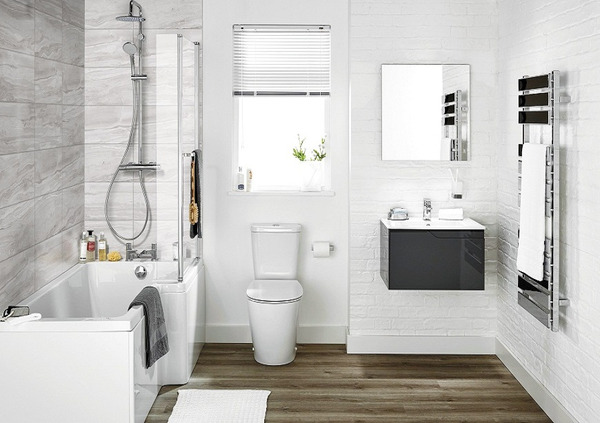 Kết hợp gạch ốp nền nhà tắm giả gỗ với tường màu trắng có khả năng “ăn gian” diện tích cho nhà tắm diện tích nhỏ