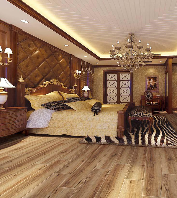 Gạch giả gỗ màu nâu nhạt lát kiểu so le kết hợp cùng nội thất màu nâu đậm được nhiều gia chủ chuộng phong cách sang trọng, hiện đại lựa chọn