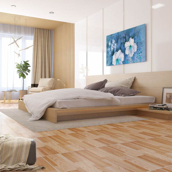 Mẫu gạch lát nền giả gỗ màu be vàng đậm nhạt đan xen, giúp phòng ngủ thêm nổi bật, thu hút