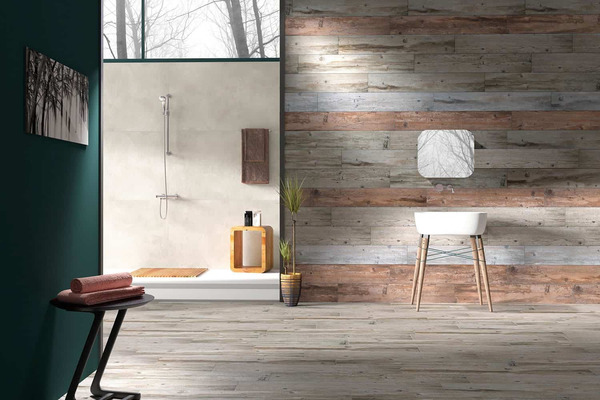 Mẫu gạch ốp tường giả gỗ tông màu xám -  trắng - nâu cùng những đường vân ấn tượng