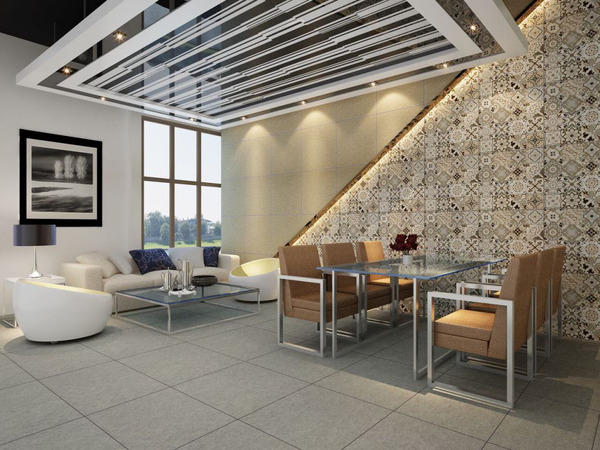 Sử dụng gạch ốp tường có bề mặt bóng với họa tiết nổi bật để không gian phòng khách thêm thu hút