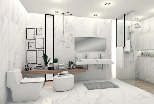 Sử dụng gạch ốp tường khổ lớn cho phòng tắm giúp giảm tần suất ron gạch, giữ sạch sẽ cho không gian
