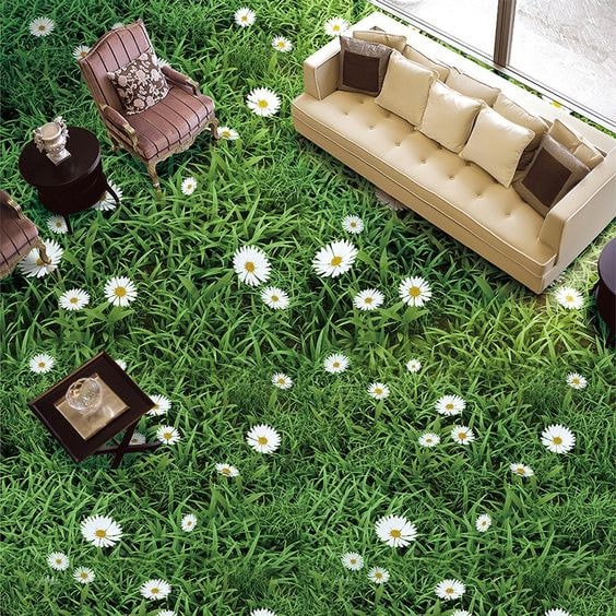 Mẫu gạch lát nền 3D họa tiết đồng cỏ xanh mướt, giúp không gian thêm tự nhiên, sống động