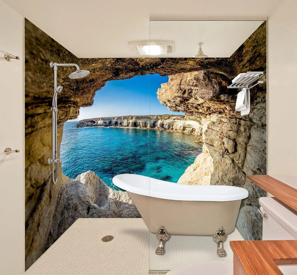Gạch ốp tường 3D với phong cảnh thiên nhiên giúp phòng tắm thêm thông thoáng