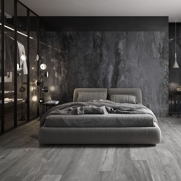 Gạch giả gỗ màu xám trung tính thường được sử dụng trong các phòng ngủ hiện đại