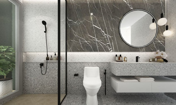Phối nhiều tông màu gạch ốp tường Terrazzo đem lại cảm giác hòa hợp với thiên nhiên trong không gian phòng tắm
