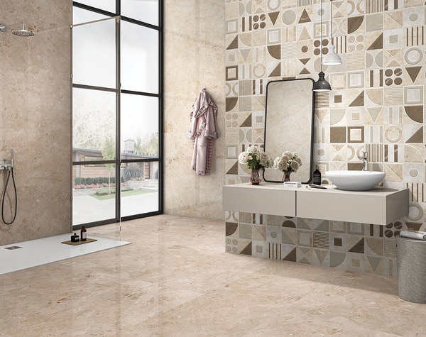 Mẫu gạch ốp phòng tắm đẹp đa dạng hình học tông trung tính tăng độ thẩm mỹ cho không gian