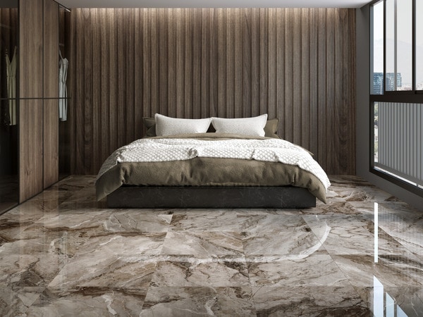 Gia chủ ưa chuộng những tông màu trầm có thể lựa chọn gạch lát nền phòng ngủ giả đá tông màu nâu ấm cúng