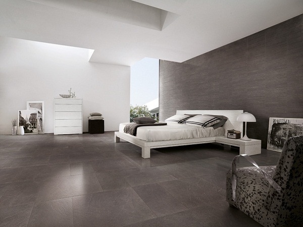 Gạch lát nền giả bê tông giúp phòng ngủ thêm hài hòa khi kết hợp cùng nội thất tối giản