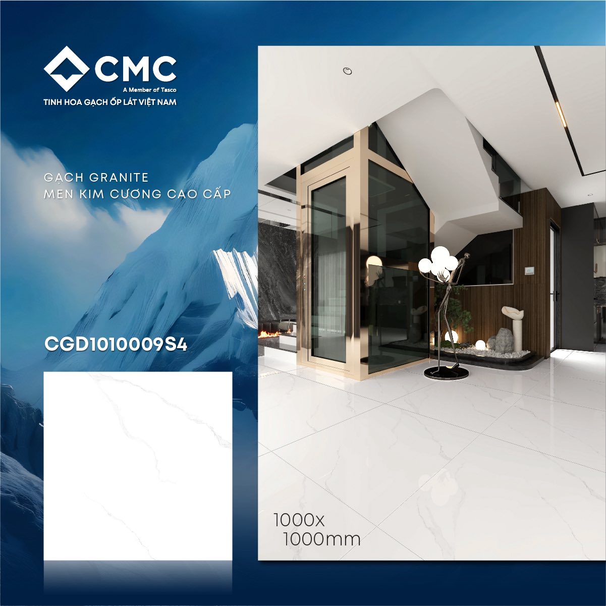 Gạch khổ lớn cao cấp 1000x1000mm màu trắng sứ vân đá thanh lịch