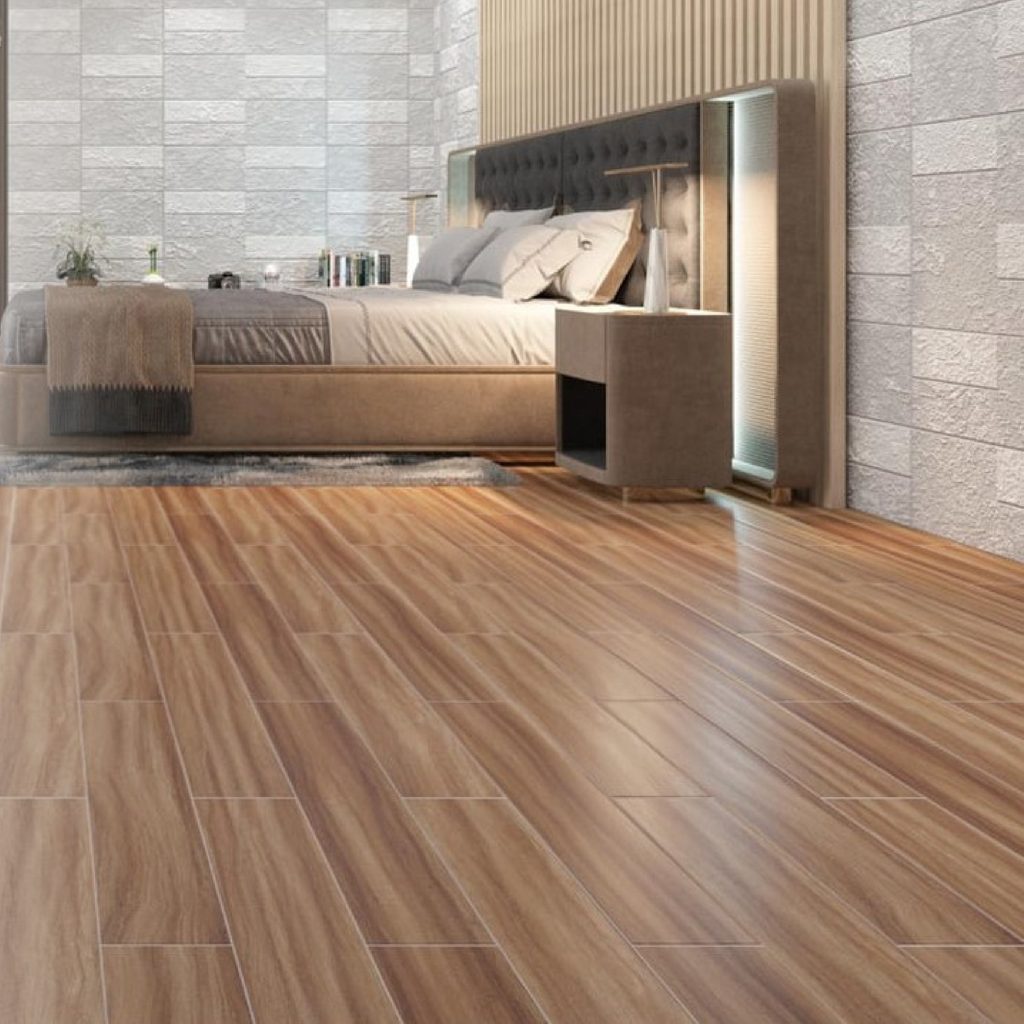Gạch vân gỗ lát nền phòng khách hiện đại với tông màu gỗ tự nhiên